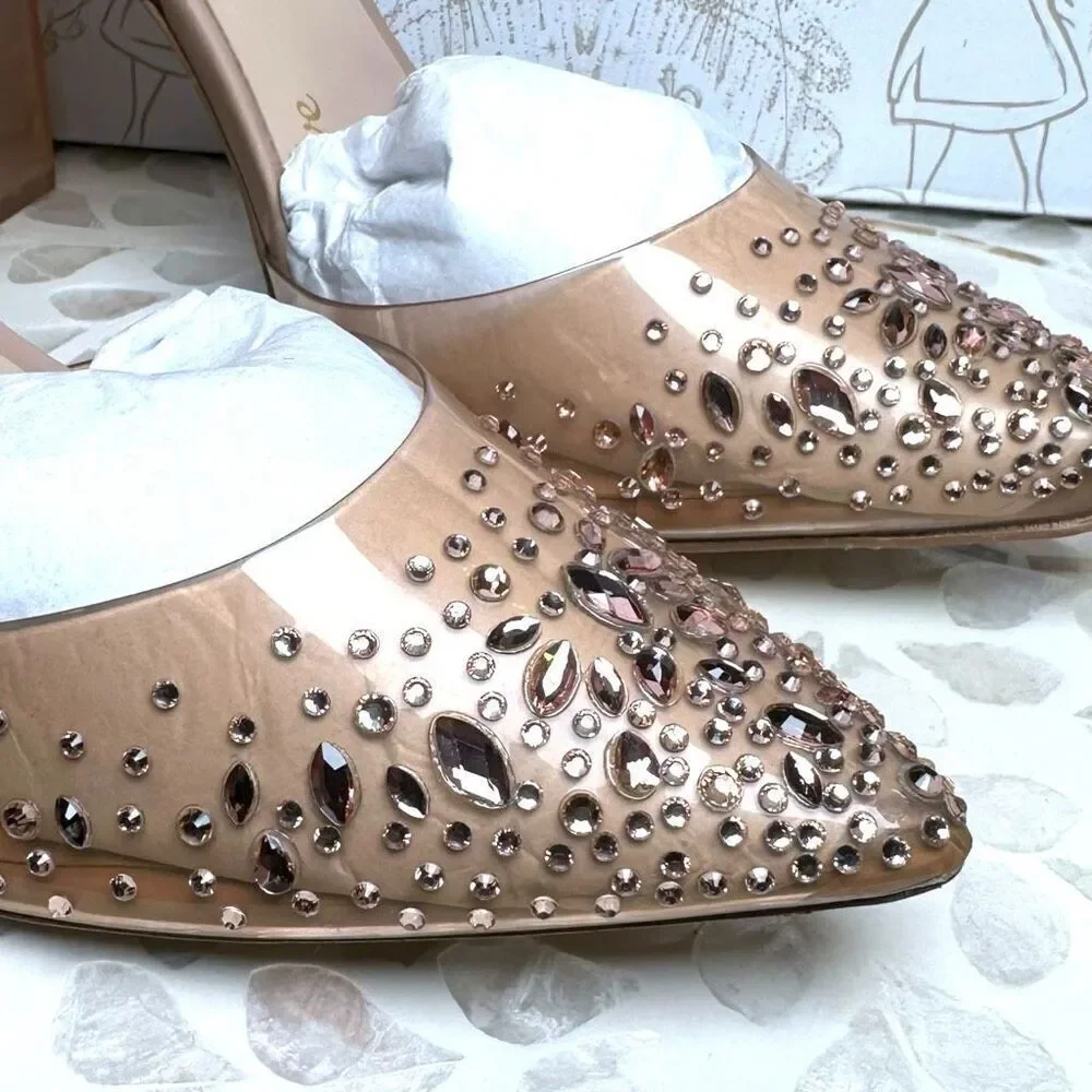 Disney x ALDO Glass Slipper Heels Clear Rhinestone Cinderella Pumps Bone Size 7.